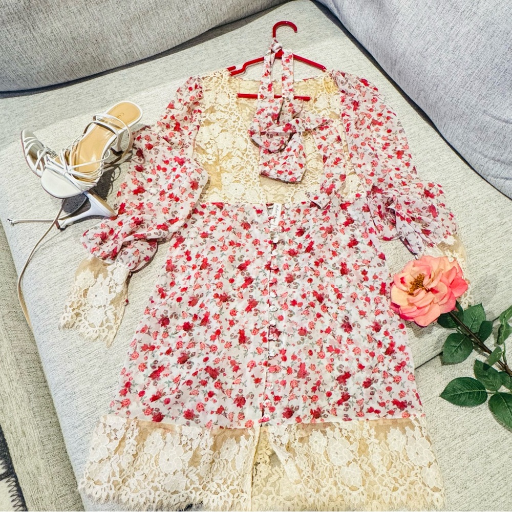 For Love & Lemons Pink and Red Floral Mini Dress